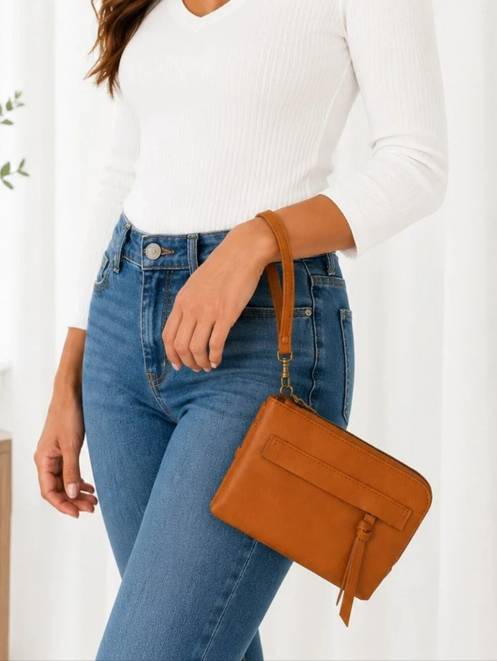👜 Cognac Tan Double Zip Wristlet Wallet Clutch Boho Tassel Organizer